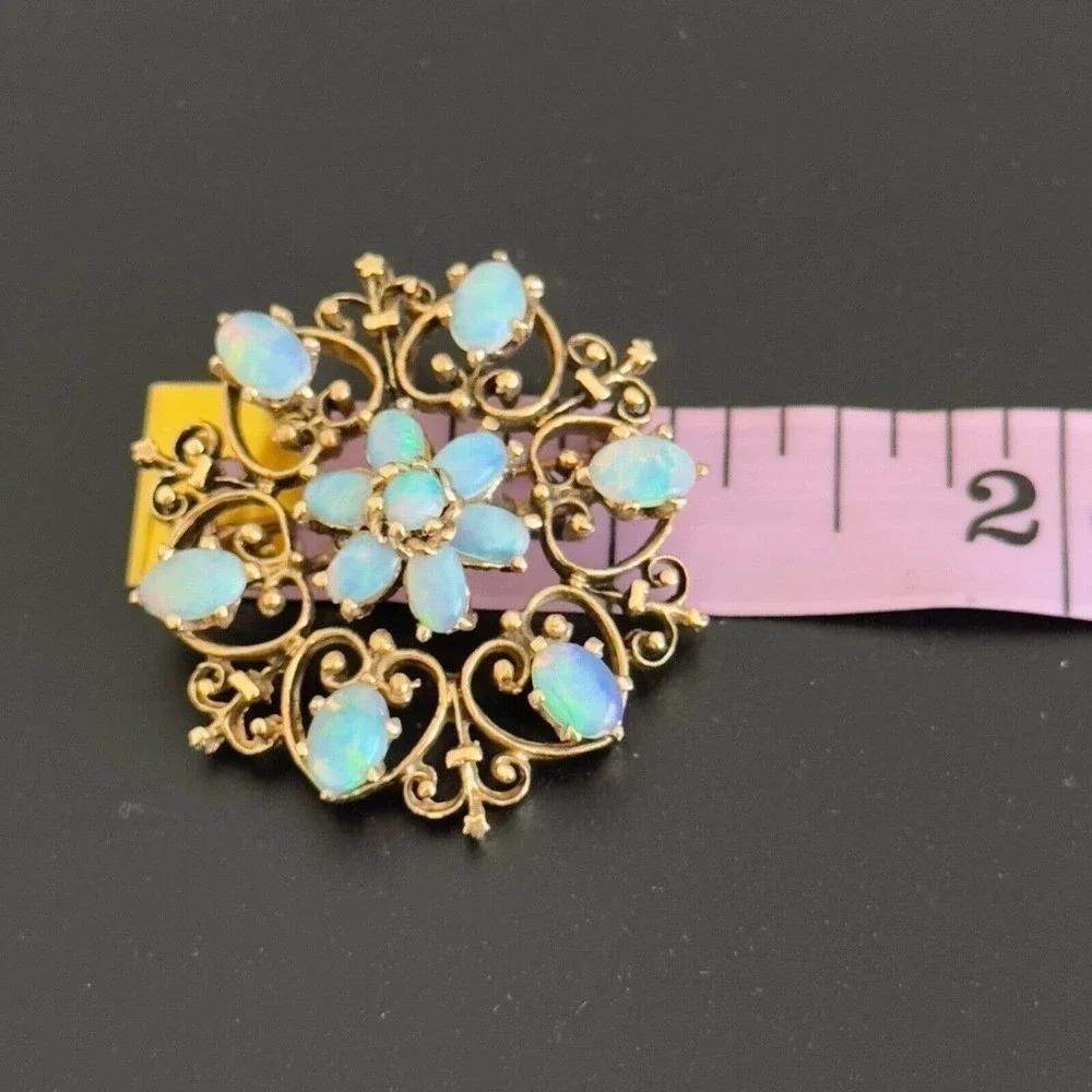 Vintage 14K Yellow Gold Opal Flower Heart Filigree Scroll Pendant Brooch Pin